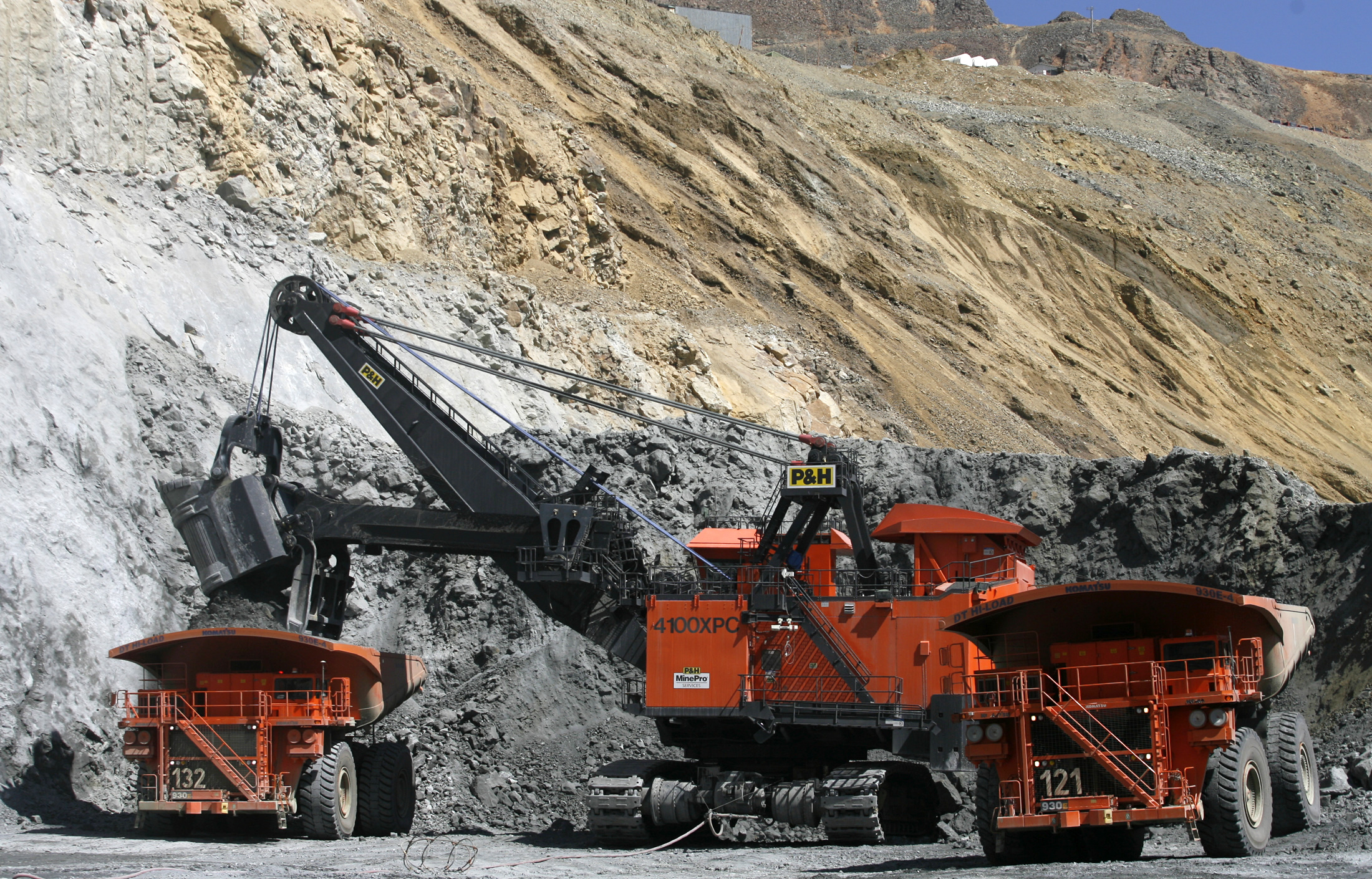 Mining machinery loads trucks at the Andina copper mine