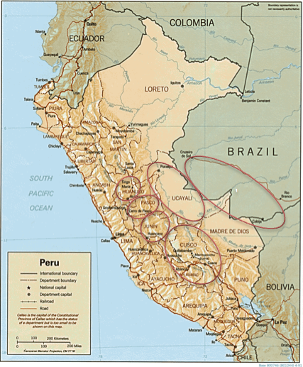 Las ubicaciones generales de las comunidades Asháninka en Perú y Brasil.